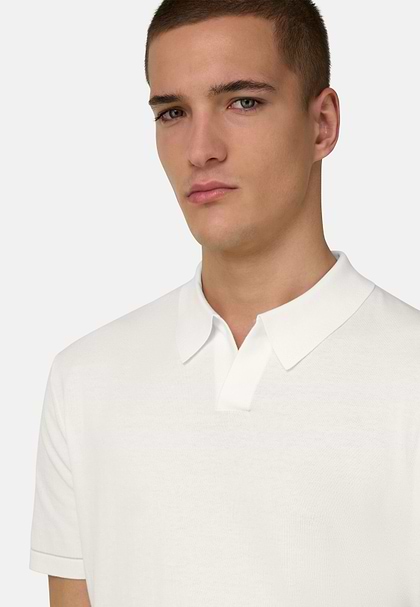 Cotton Crêpe Knit Polo Shirt, White, hi-res