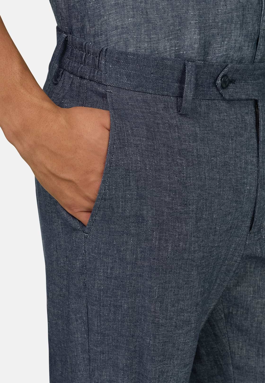 Pantaloni In Cotone Lino Elasticizzato, Indaco, hi-res, 4