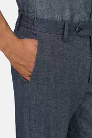 Pantaloni In Cotone Lino Elasticizzato, Indaco, thumb, 4