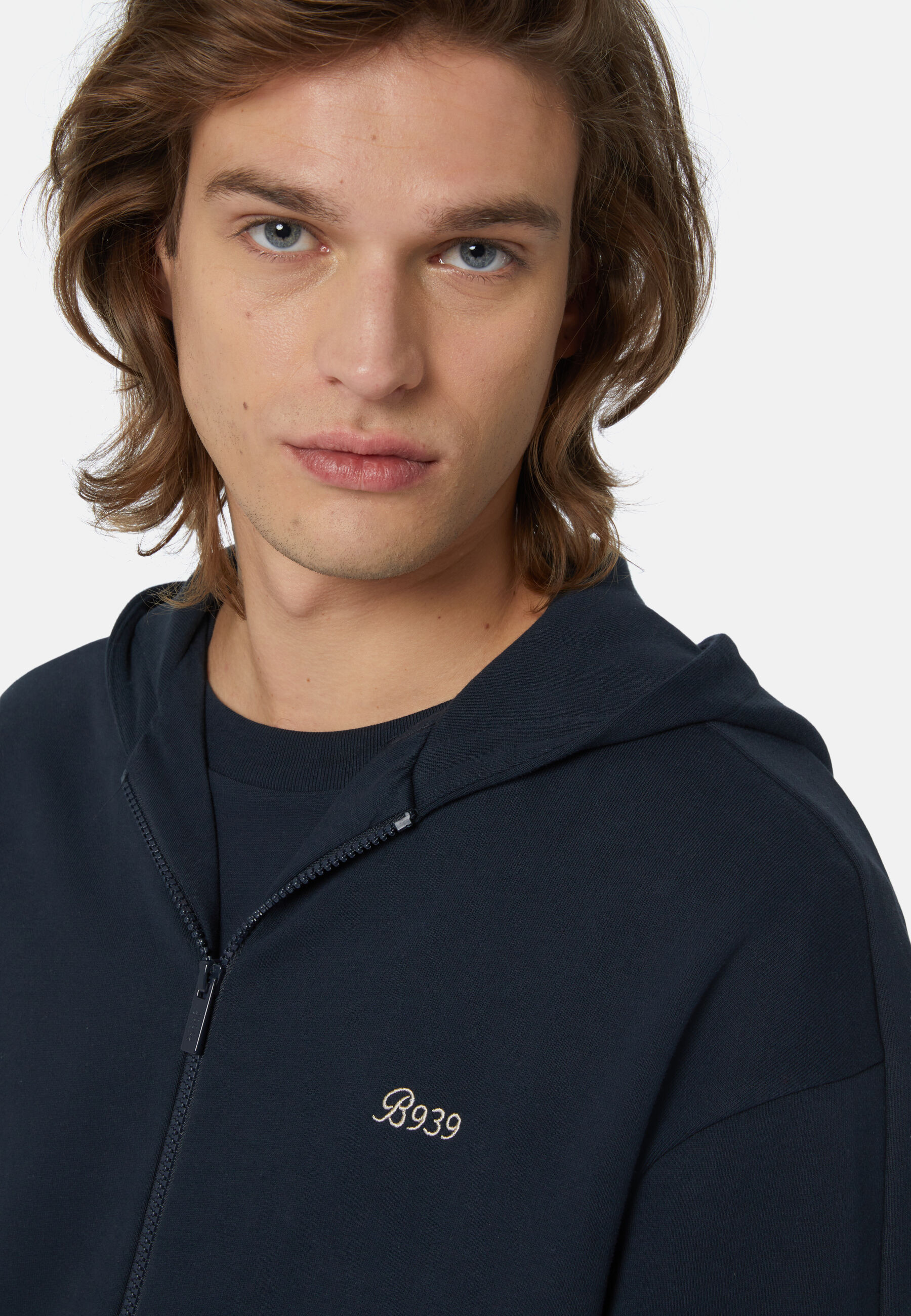 Full Zip Sweatshirt In Organic Cotton Blend, Navy blue, hi-res