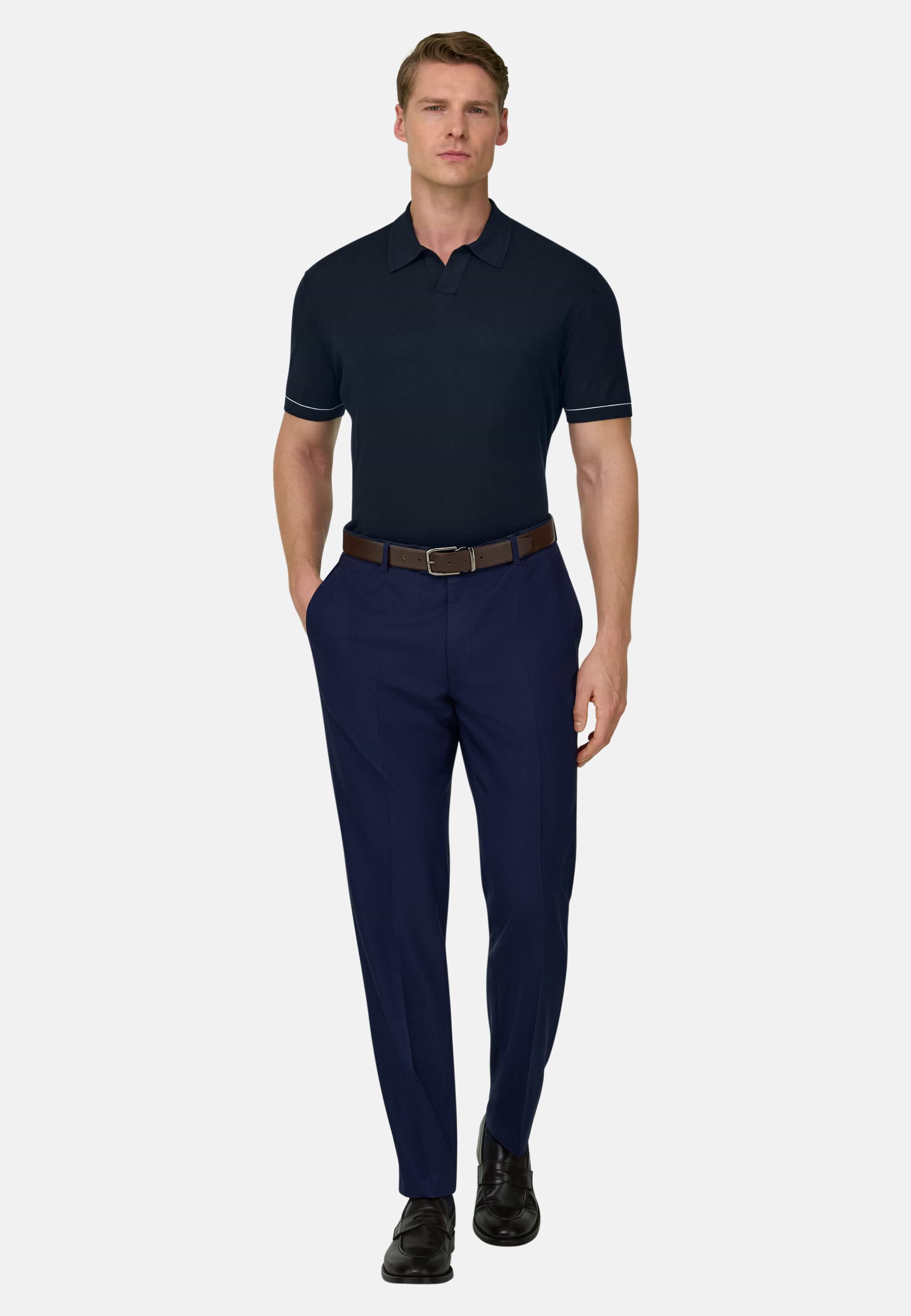 Men's Cotton Crêpe Knit Polo Shirt, Navy blue | Boggi Milano