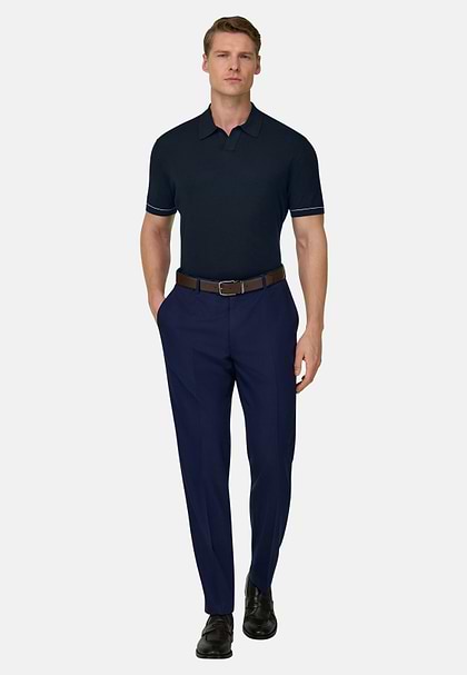 Men's Cotton Crêpe Knit Polo Shirt, Navy blue | Boggi Milano