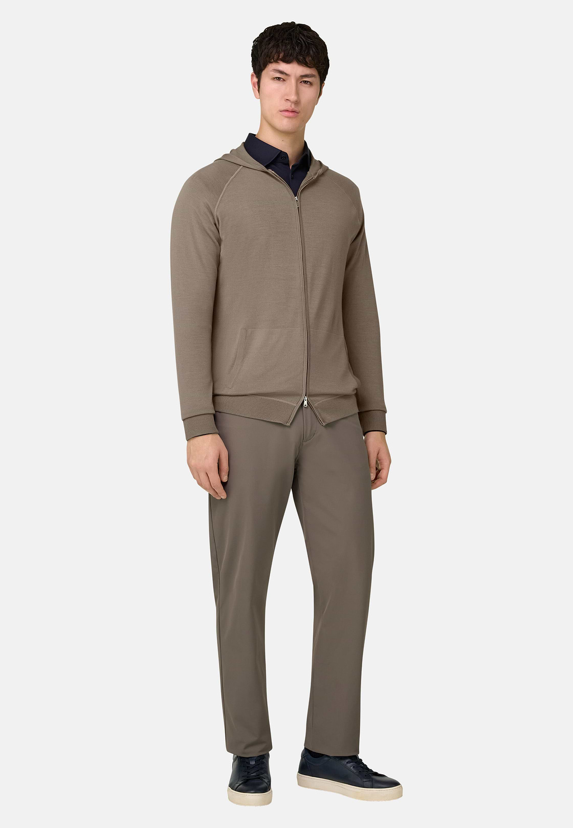 Full-Zip Knitted Hoodie in Superfine Wool, Taupe, hi-res, 2