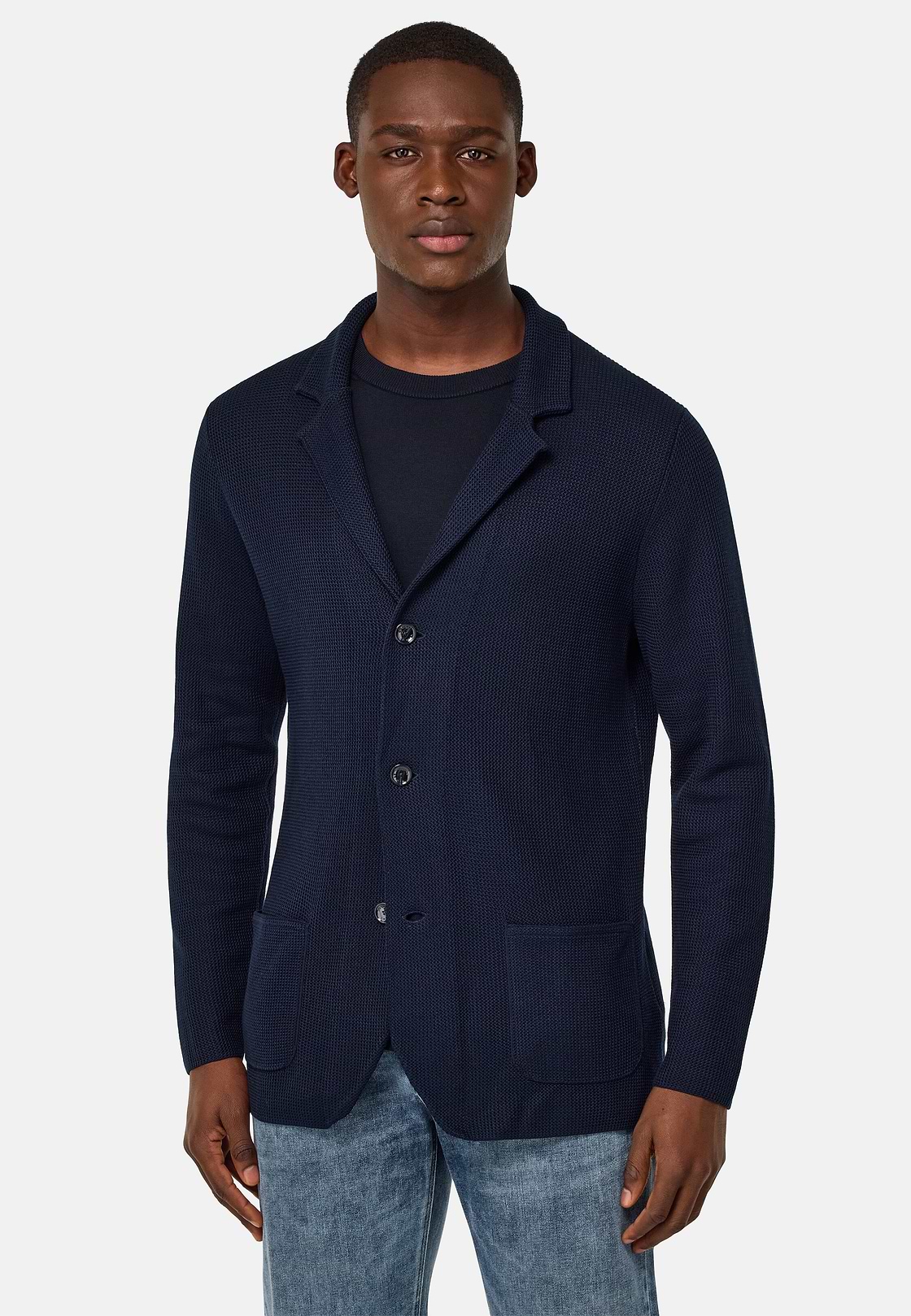 Cotton Crêpe Knitted Single-Breasted Jacket, Navy blue, hi-res