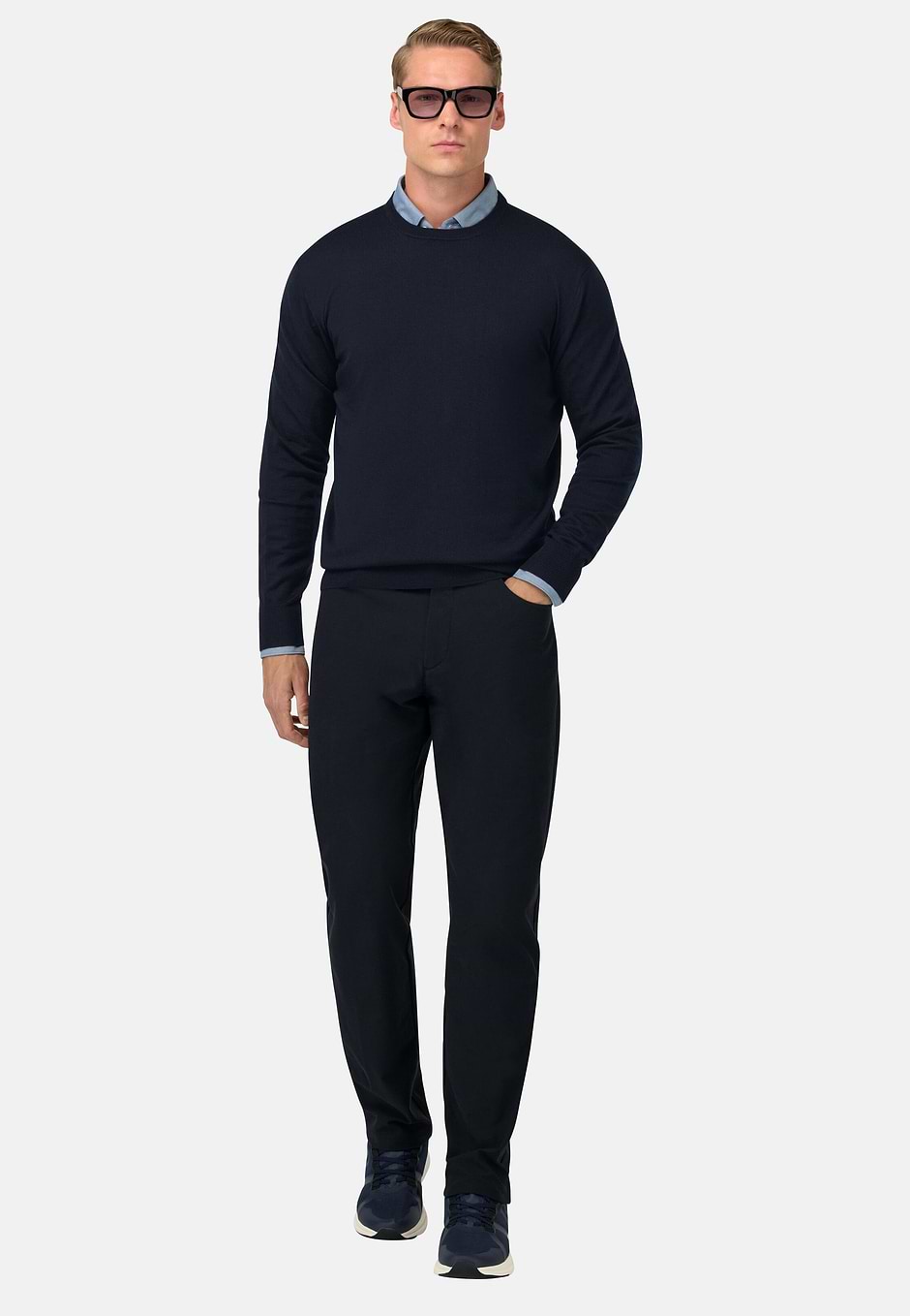 Merino Wool Crew Neck Jumper, Navy blue, hi-res