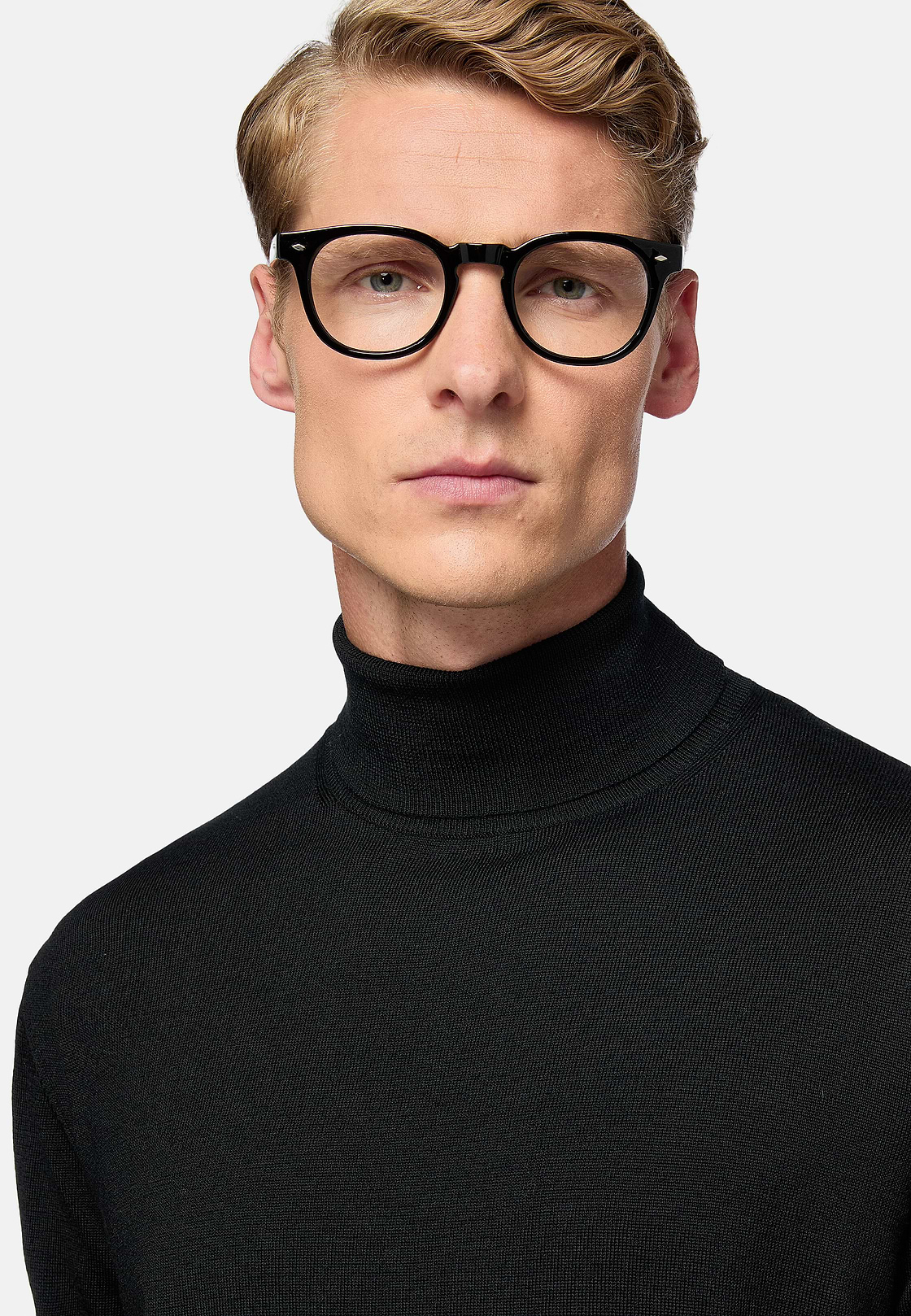 Black Merino Wool Polo Neck Jumper, Black, hi-res