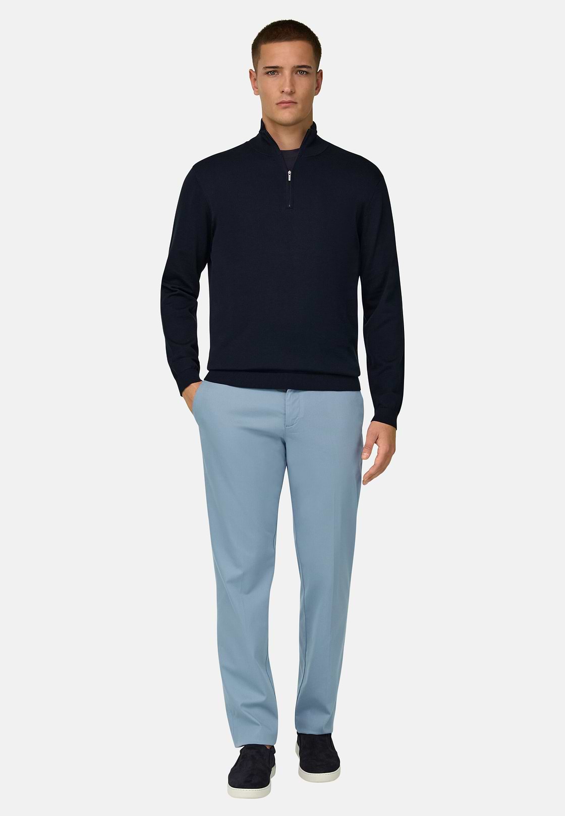 Maglia Mezza Zip In Cotone Seta, Navy, hi-res, 2