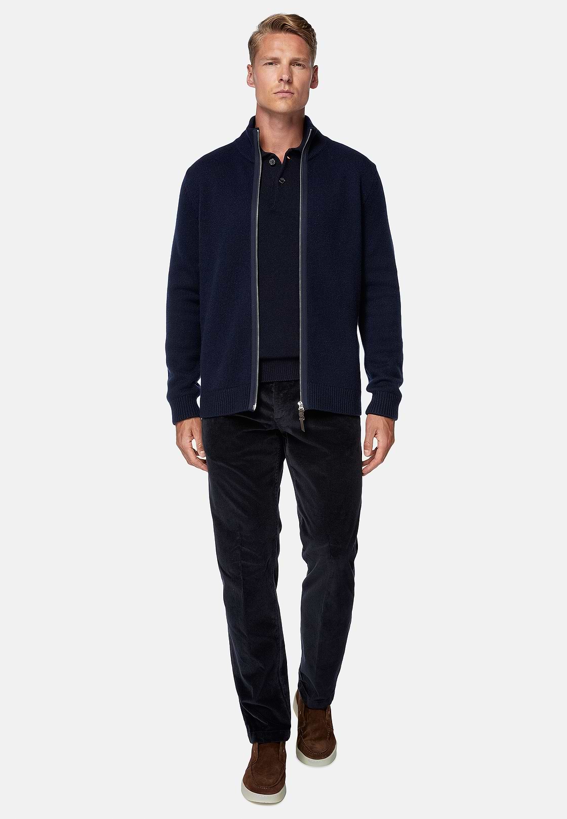 Navy Cashmere Full Zip Jumper, Navy blue, hi-res