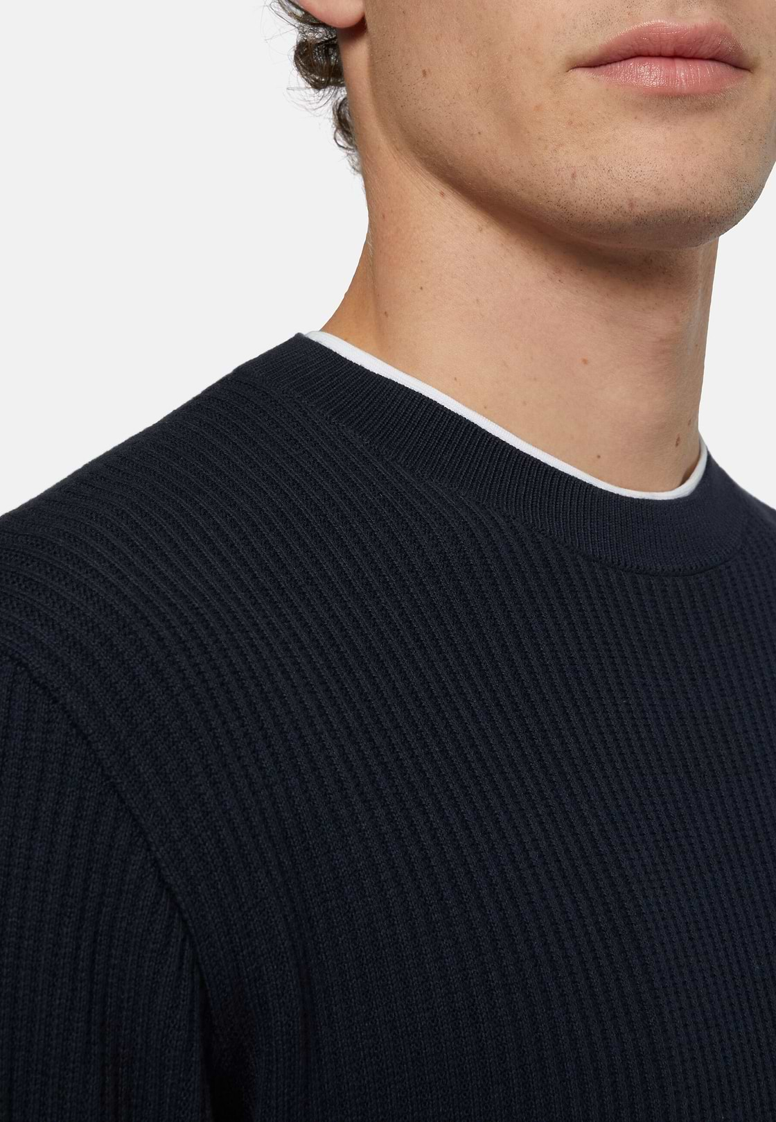 Navy Crew Neck Jumper In Cotton, Navy blue, hi-res