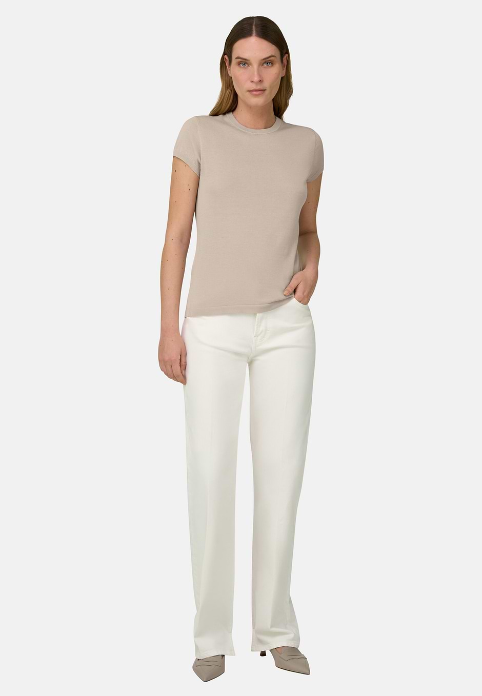 Knitted T-Shirt in Cotton and Silk, Sand, hi-res