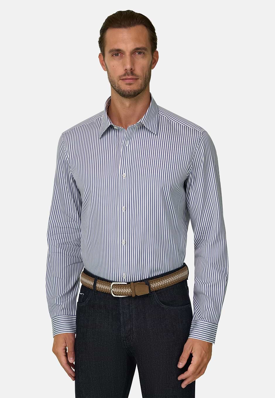 Camicia a Righe in Popeline Regular Fit, Navy, hi-res