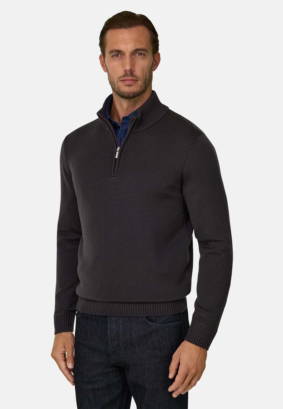 Roll Neck Jumper Quarter-Zip Superfine Merino Wool, Dark brown, hi-res