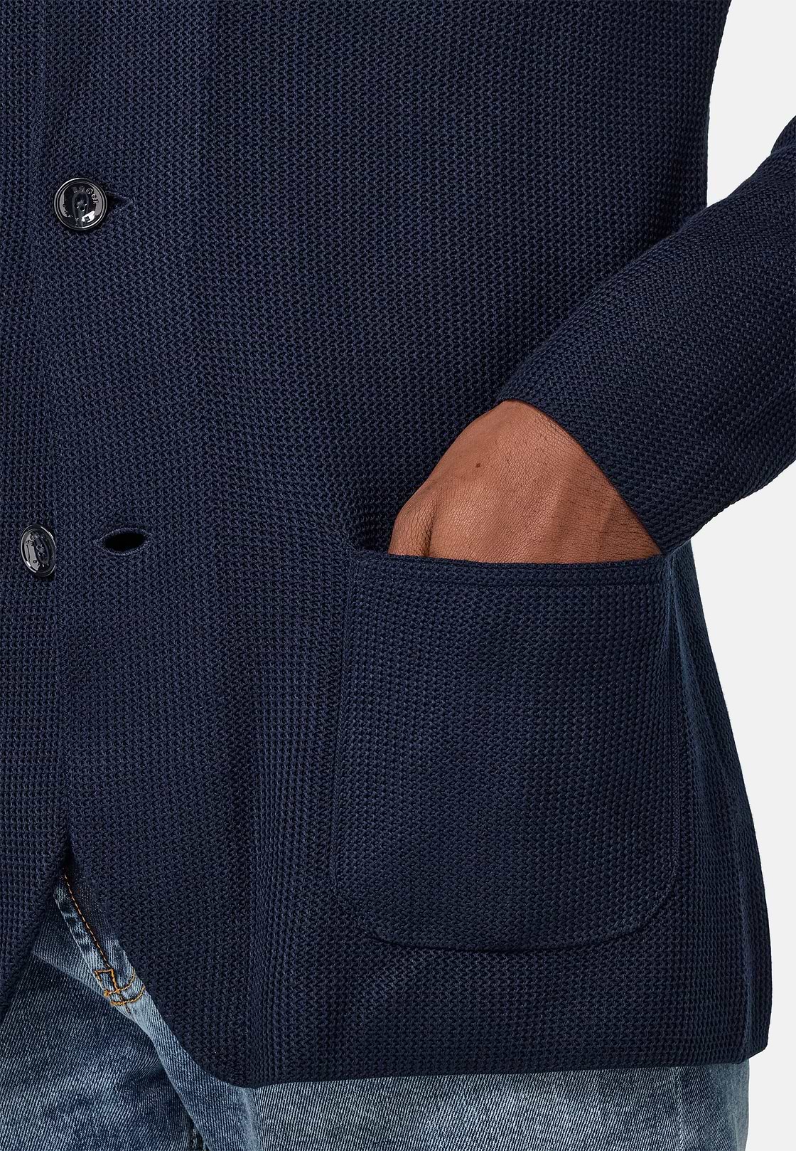 Cotton Crêpe Knitted Single-Breasted Jacket, Navy blue, hi-res