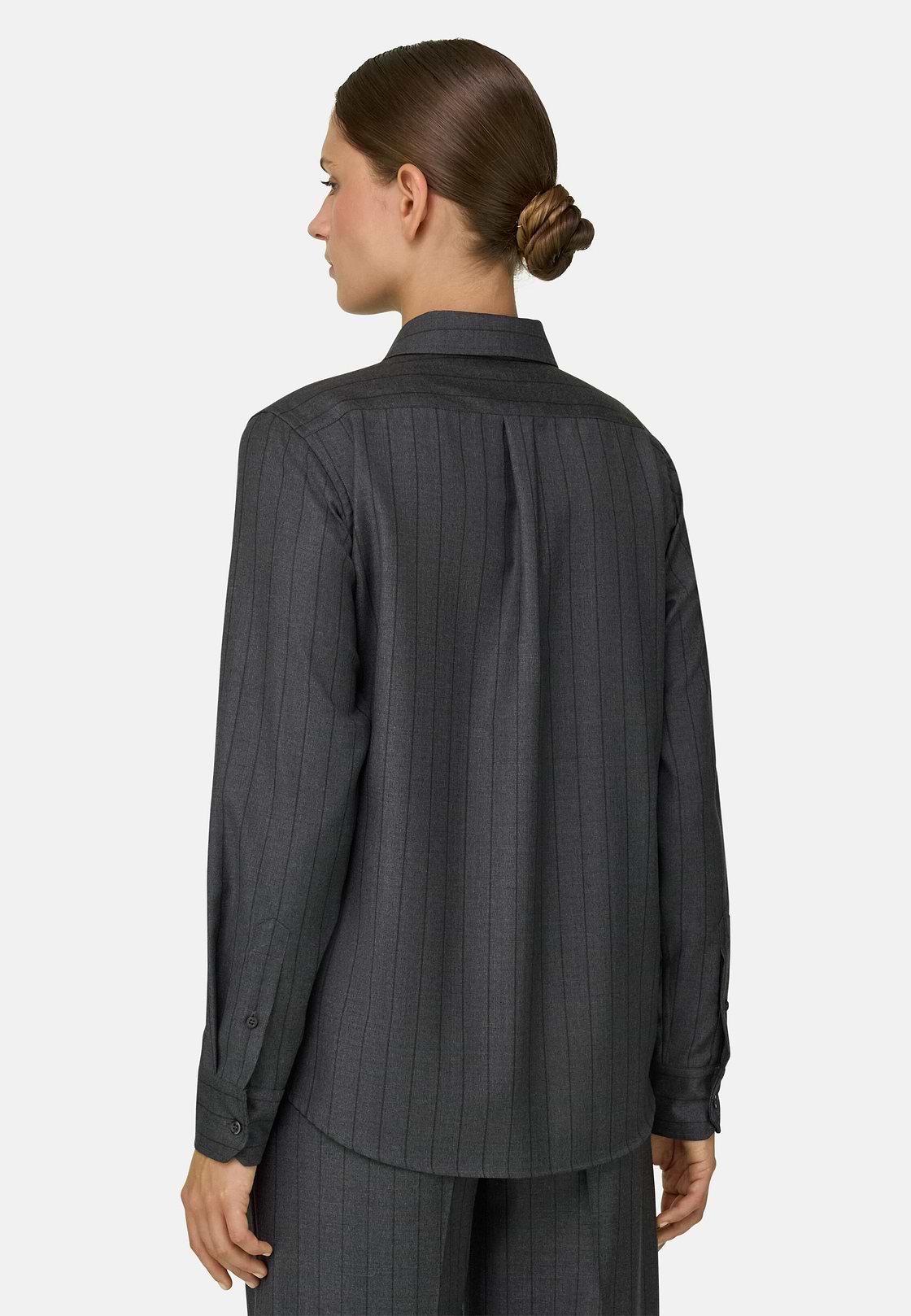Pinstripe Wool Shirt with Open Collar, Grey, hi-res, 4