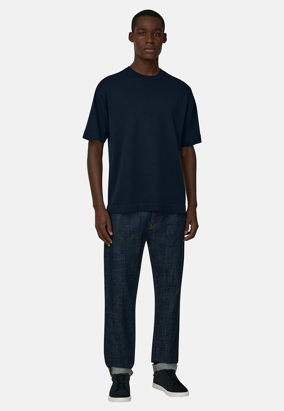 Pima Cotton Knitted T-Shirt, Navy blue, hi-res