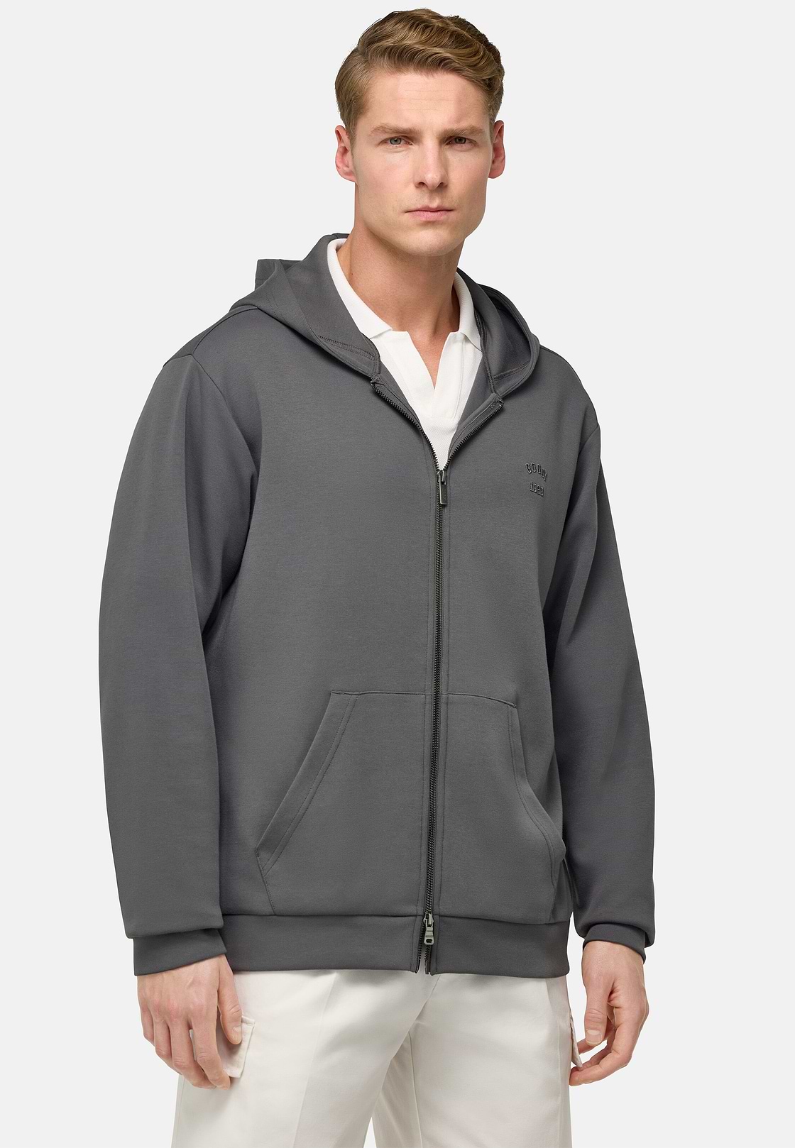 Cotton Blend Full-Zip Sweatshirt, Charcoal, hi-res