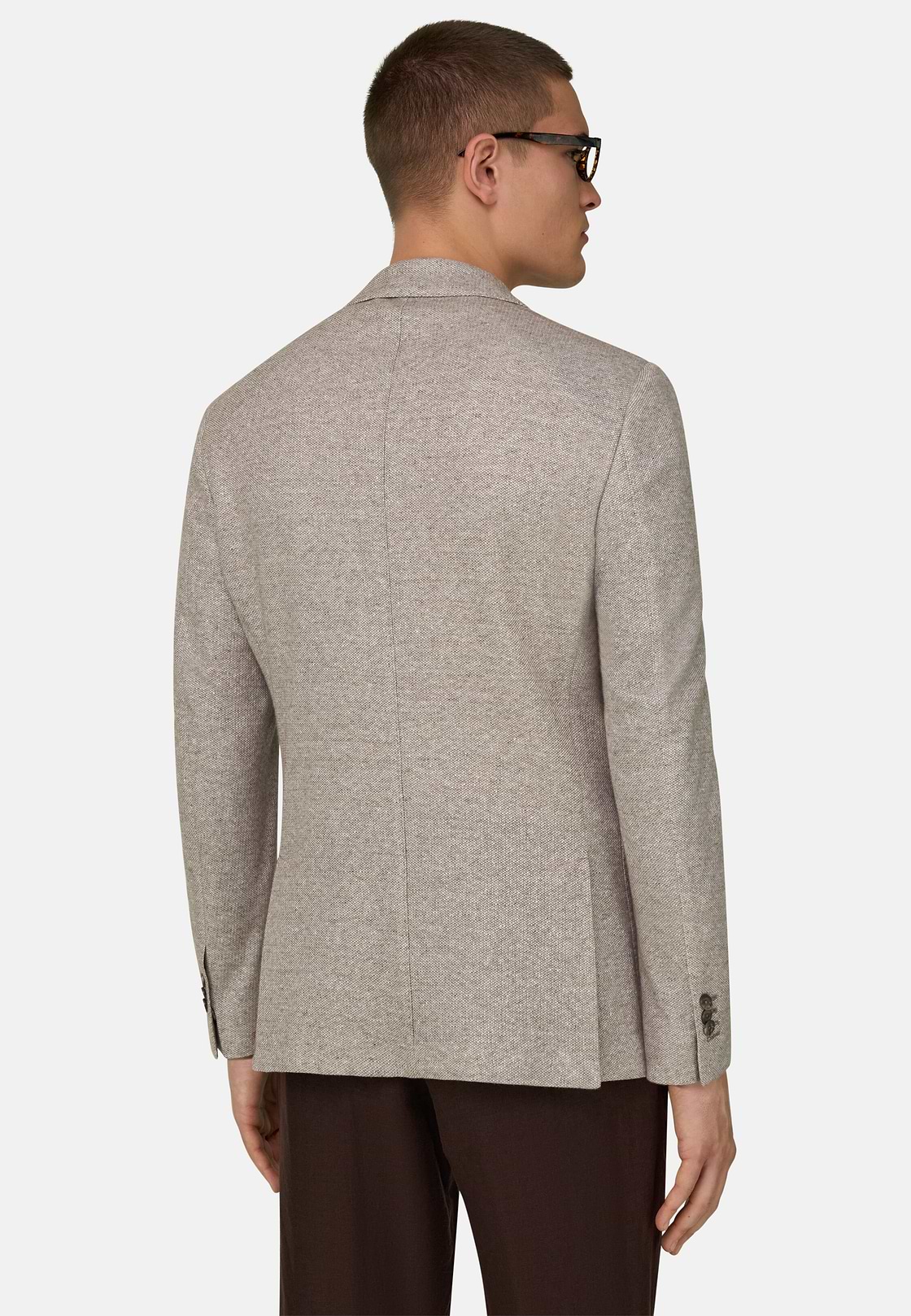B Jersey Micro Textured Jacket in a Linen and Cotton Blend, Brown, hi-res, 3