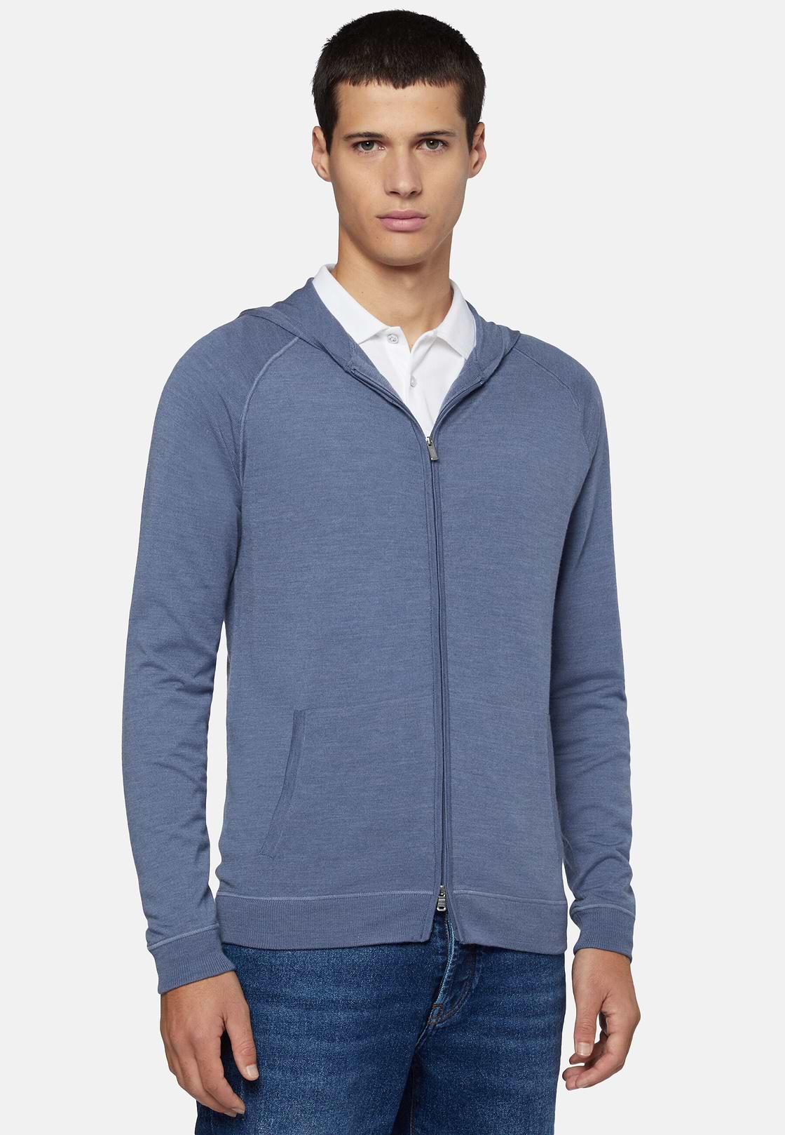 Indigo Full Zip Hooded Jumper In Merino Wool, Indigo, hi-res