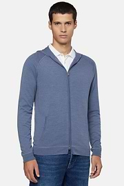 Indigo Full Zip Hooded Jumper In Merino Wool, Indigo, hi-res