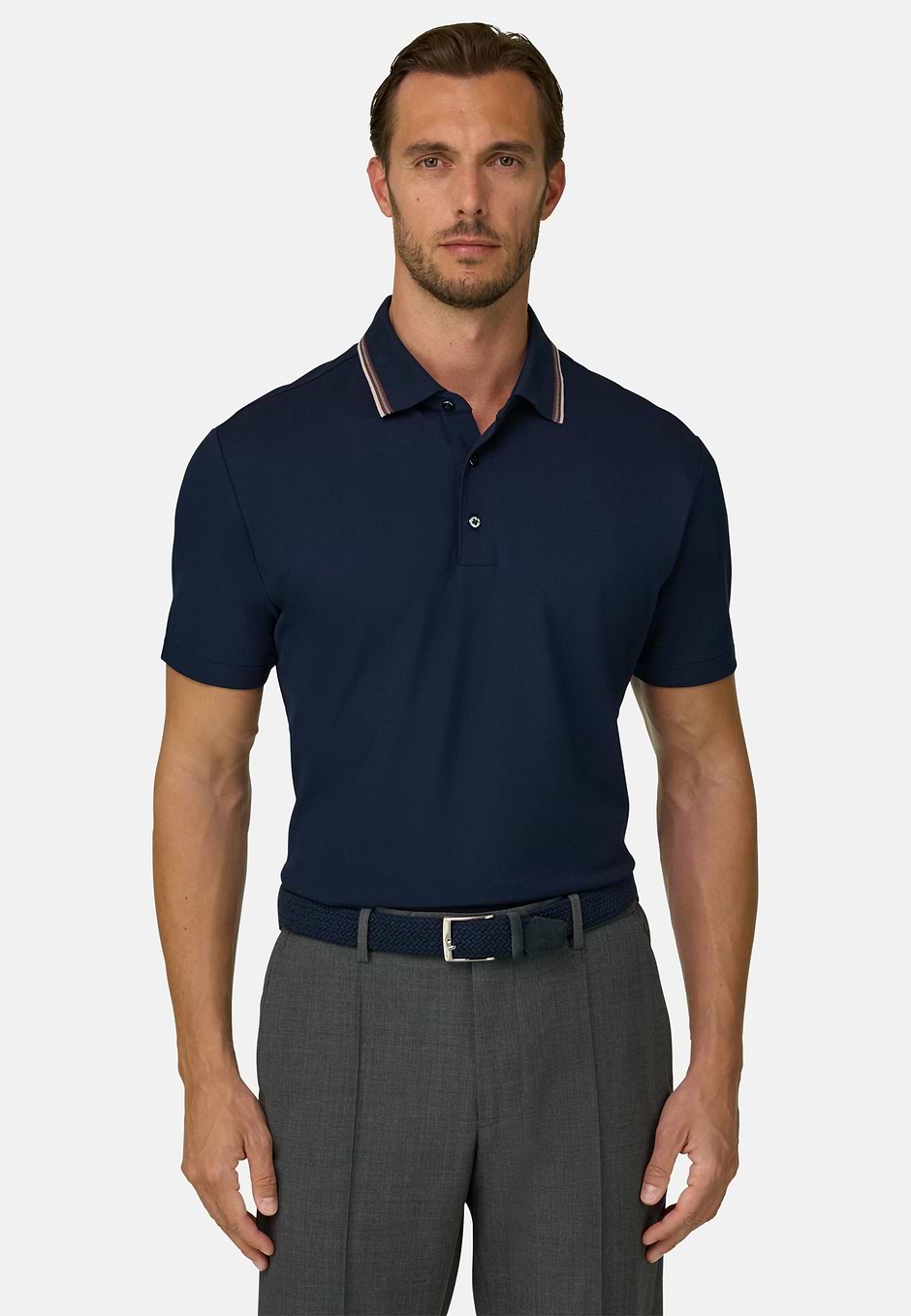 Polo in Stretch Cotton Blend Piqué Cool Jade-Fresh, Navy blue, hi-res