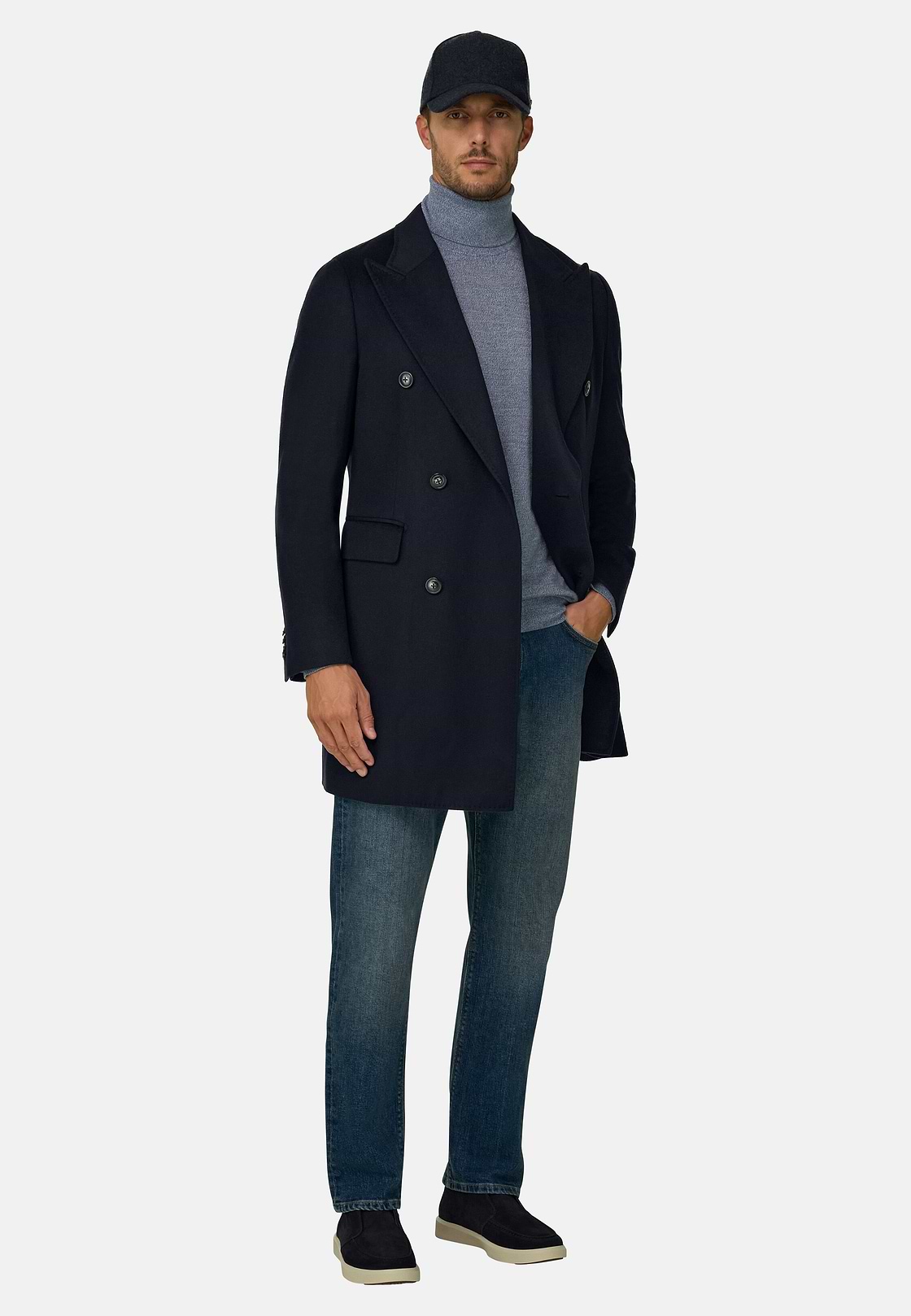 Coat in Pure Cashmere Double-Breasted, Navy blue, hi-res, 2