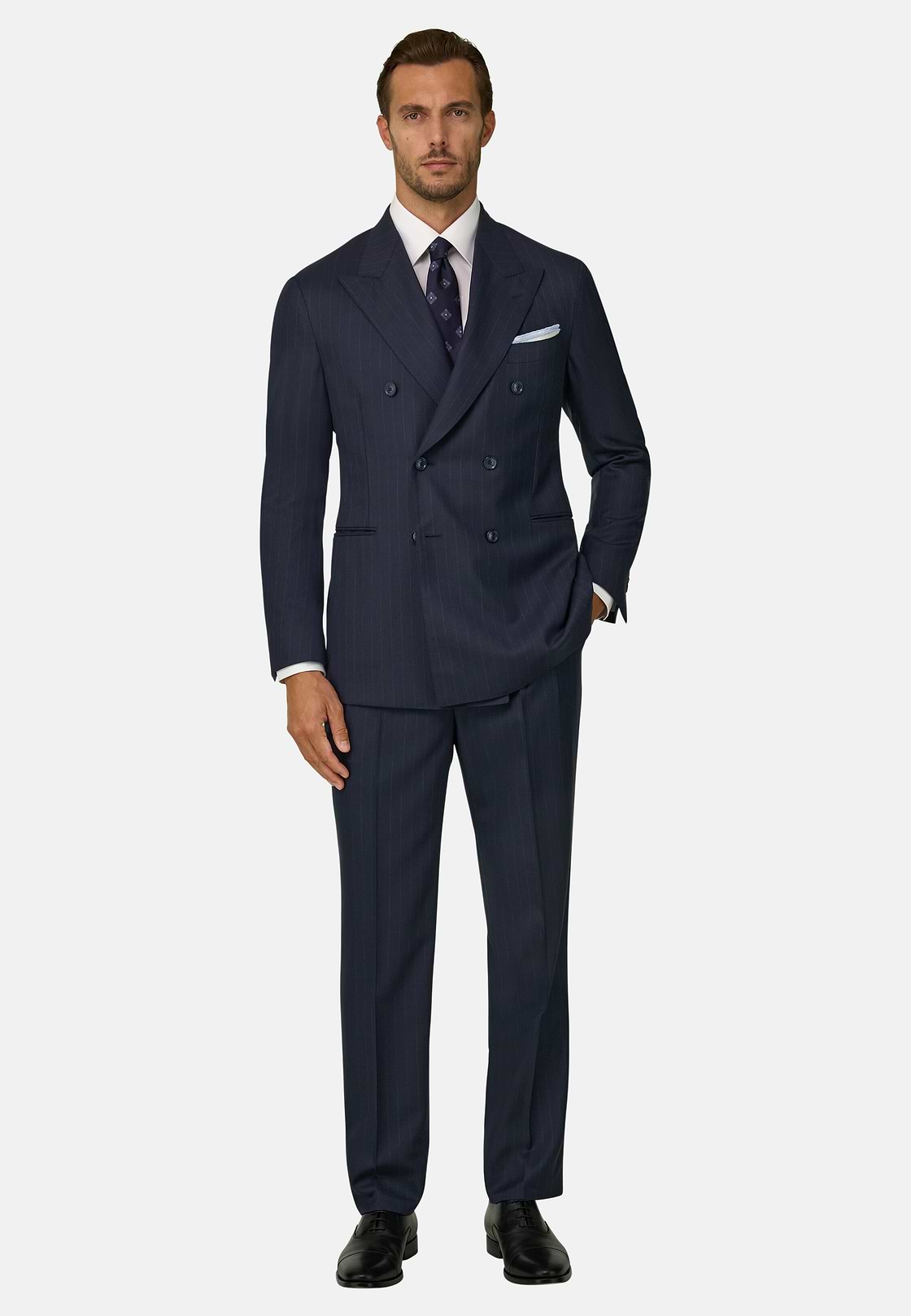 Suit Double-Breasted Herringbone Wool S130, Navy blue, hi-res, 2