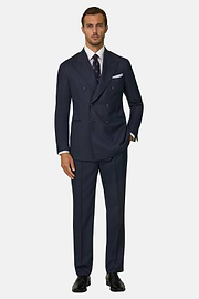 Suit Double-Breasted Herringbone Wool S130, Navy blue, thumb, 2