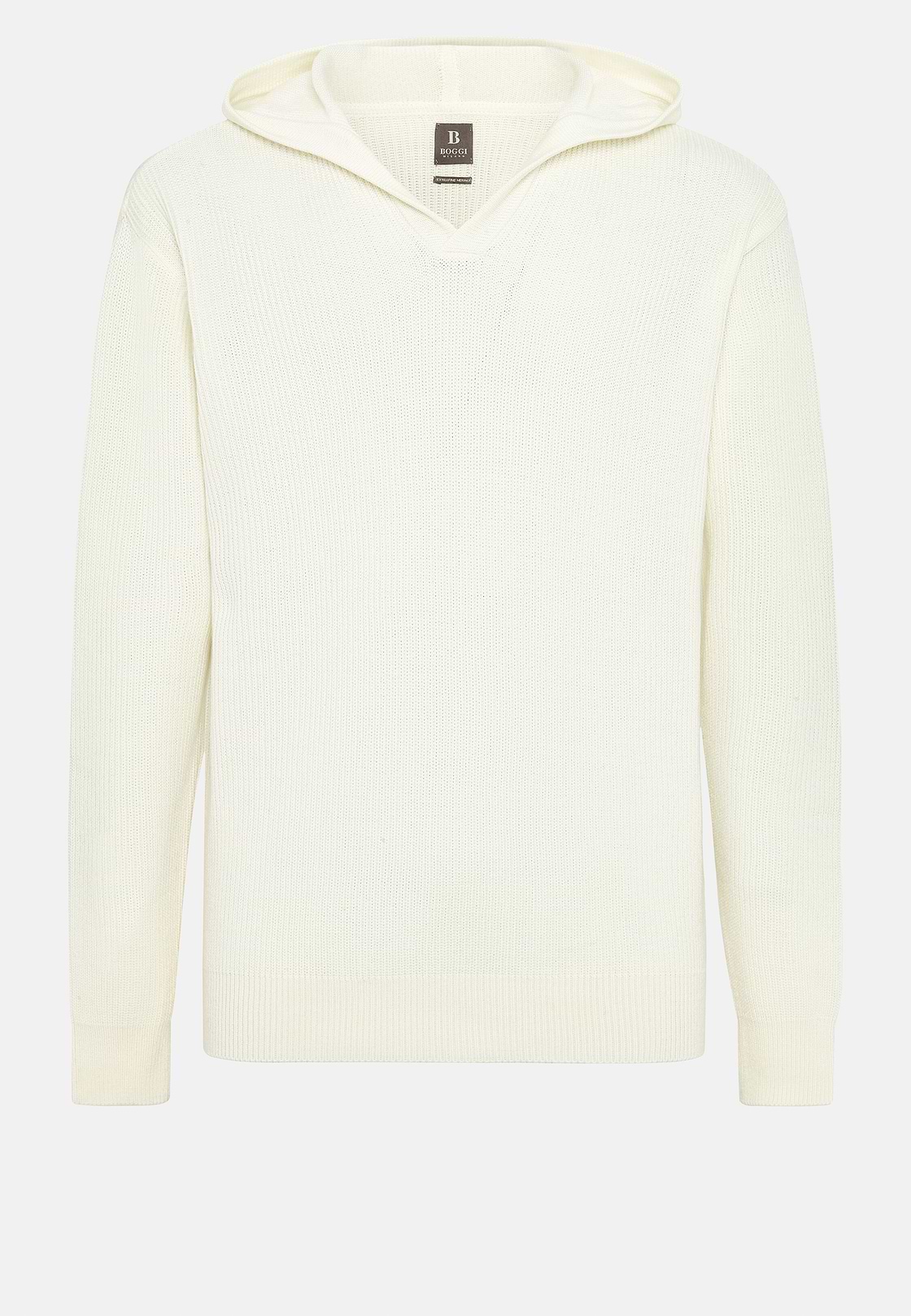Weißer Pullover Mit V-Ausschnitt und Kapuze Aus Merinowolle, Weiß, hi-res