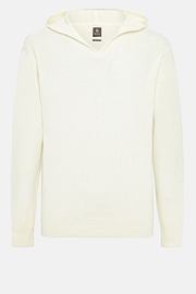 Weißer Pullover Mit V-Ausschnitt und Kapuze Aus Merinowolle, Weiß, hi-res