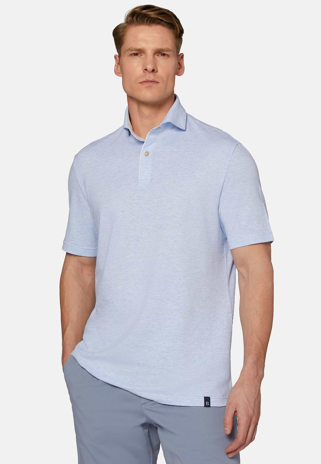 Cotton/Linen Piqué Polo Shirt, Light Blue, hi-res