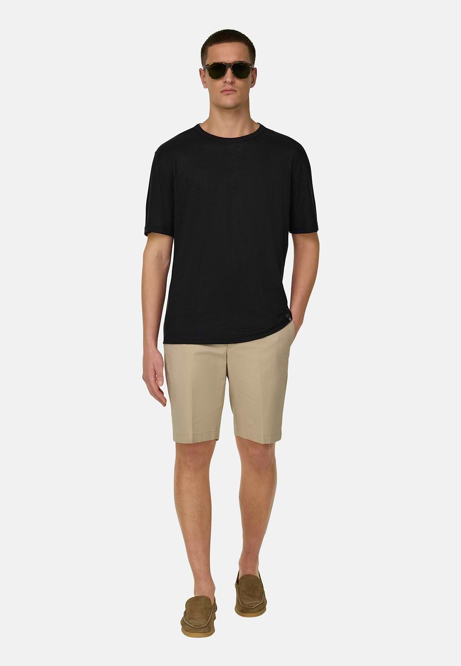 T-Shirt In Jersey Di Lino Stretch Elasticizzato, Nero, hi-res