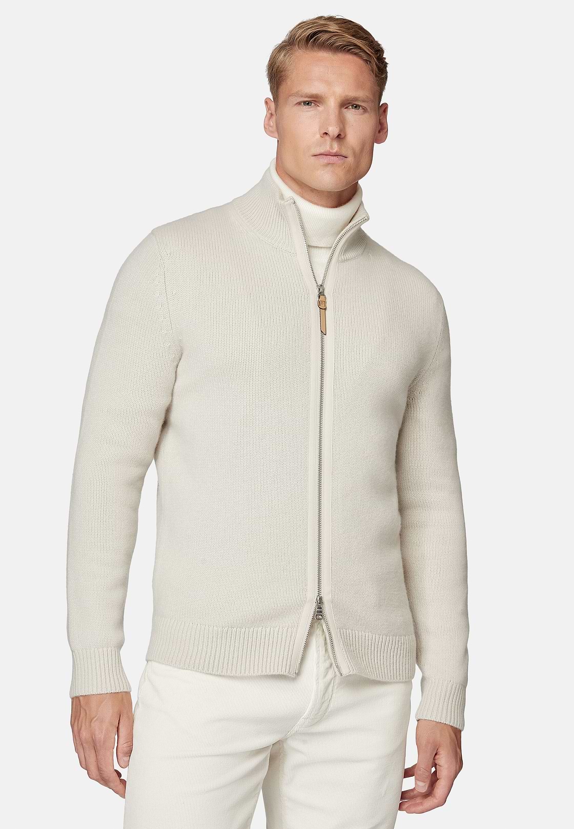 Sandfarbener Pullover Mit Durchgehendem Reißverschluss Aus Kaschmir, Sand, hi-res