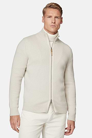 Sandfarbener Pullover Mit Durchgehendem Reißverschluss Aus Kaschmir, Sand, hi-res