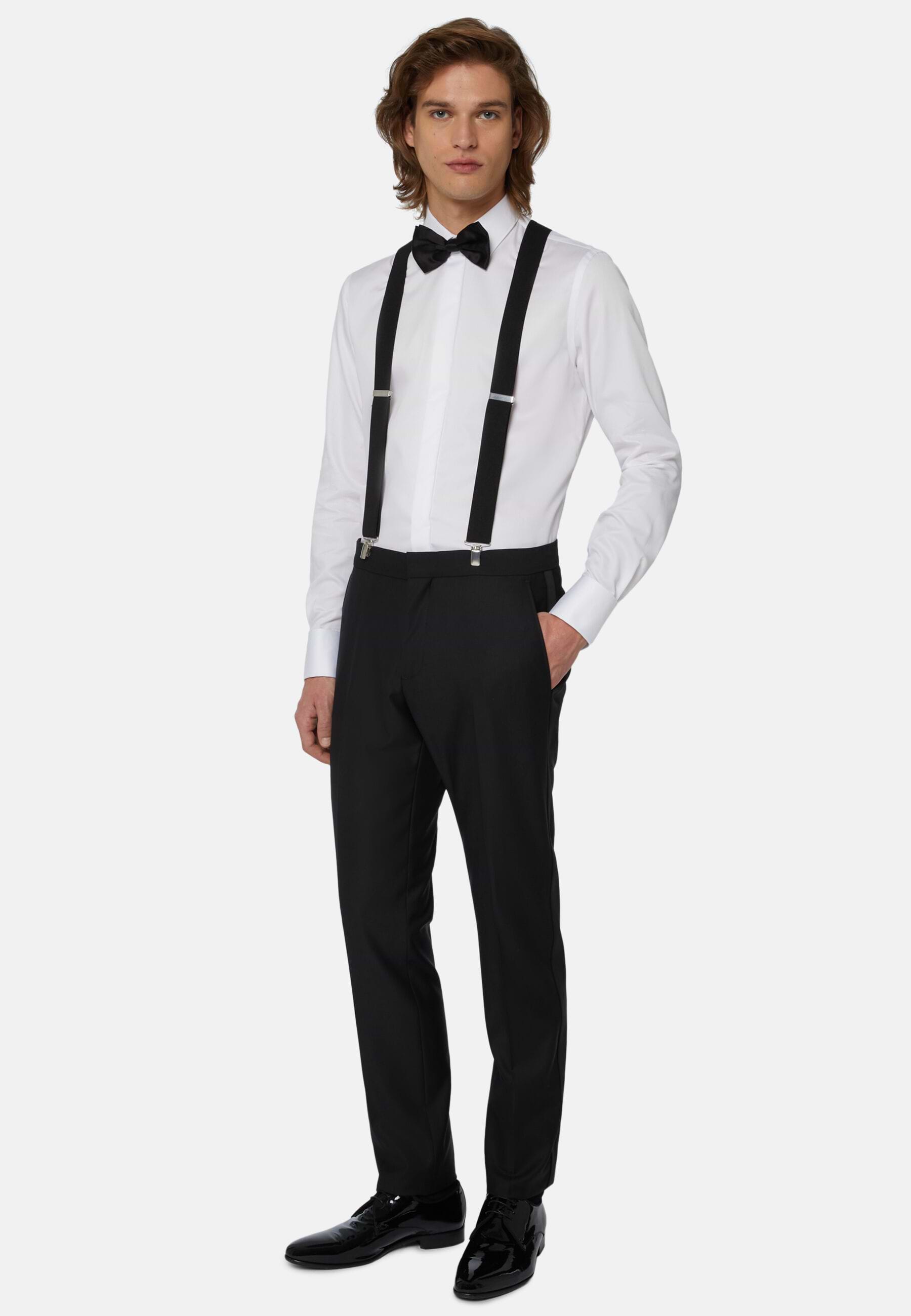Black dress shirt with white suspenders clearance