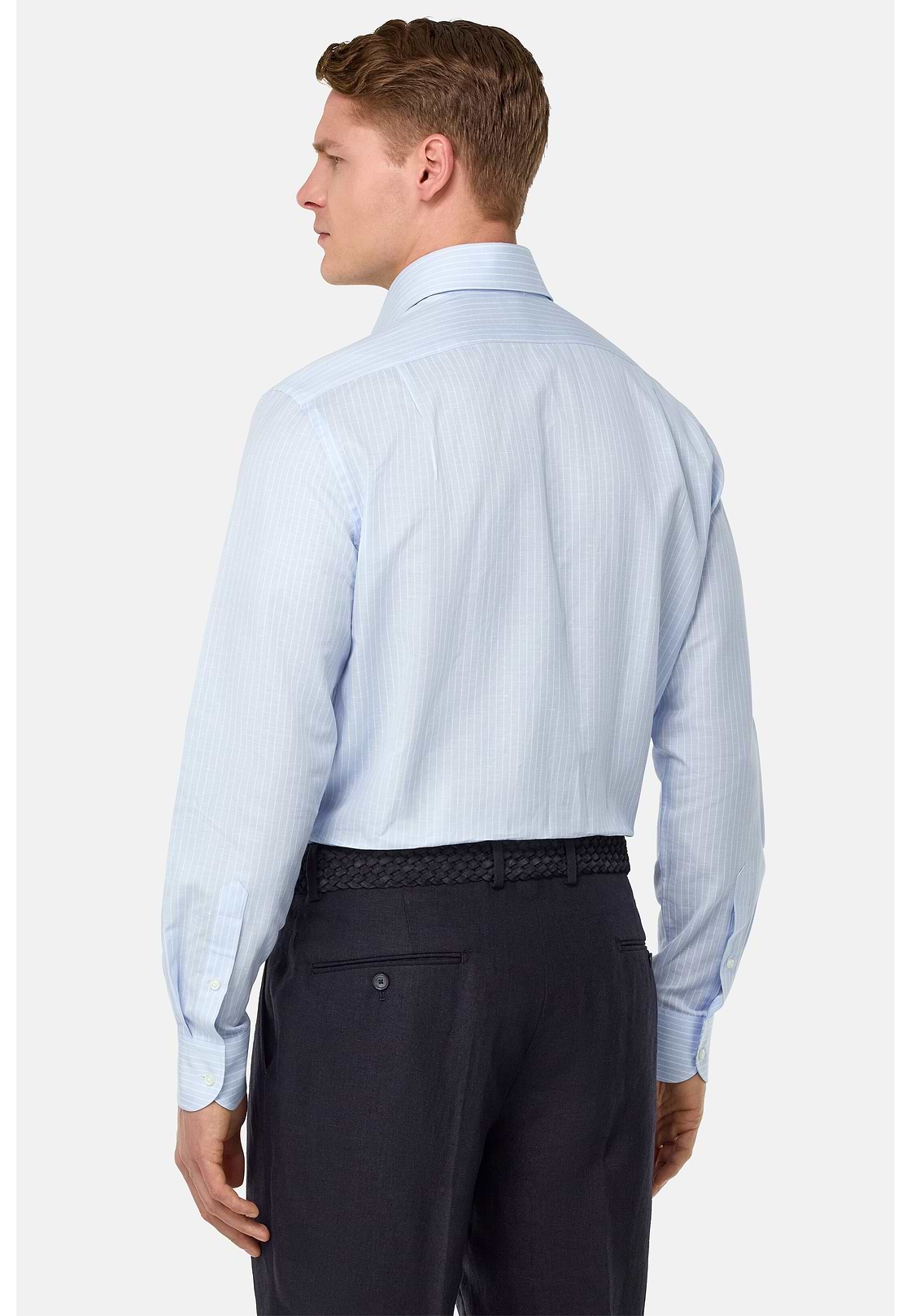 Chemise À Rayures En Coton Et Lin Regular Fit, Bleu clair, hi-res