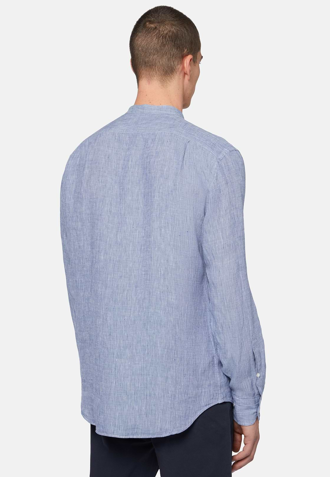 Chemise Col Mao en Lin, Bleu, hi-res