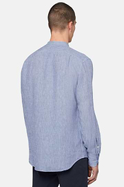 Chemise Col Mao en Lin, Bleu, hi-res