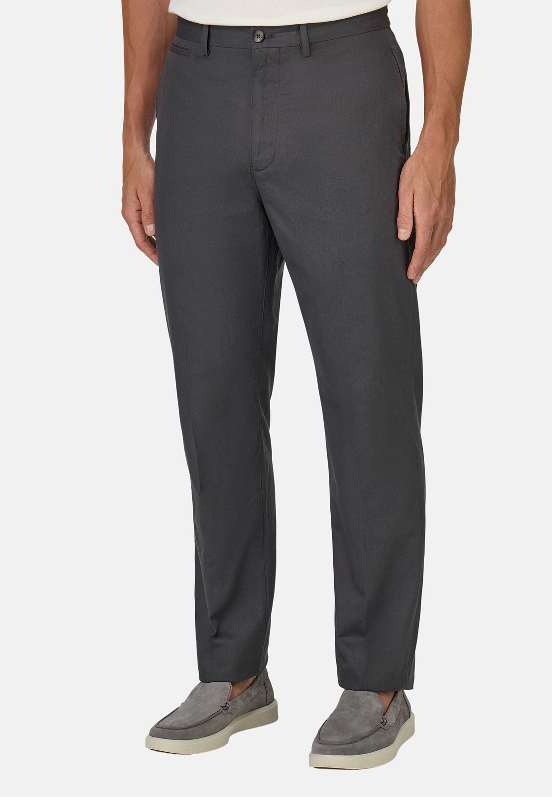 Pantaloni In Cotone Lino Elasticizzato, Carbone, hi-res
