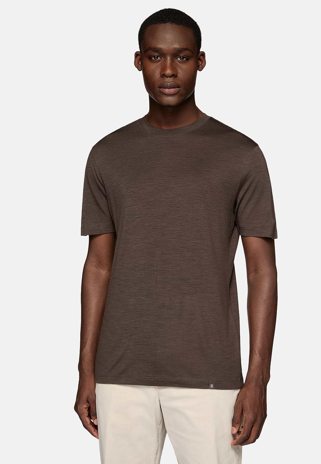 Tencel Wolmix T-shirt, Brown, hi-res