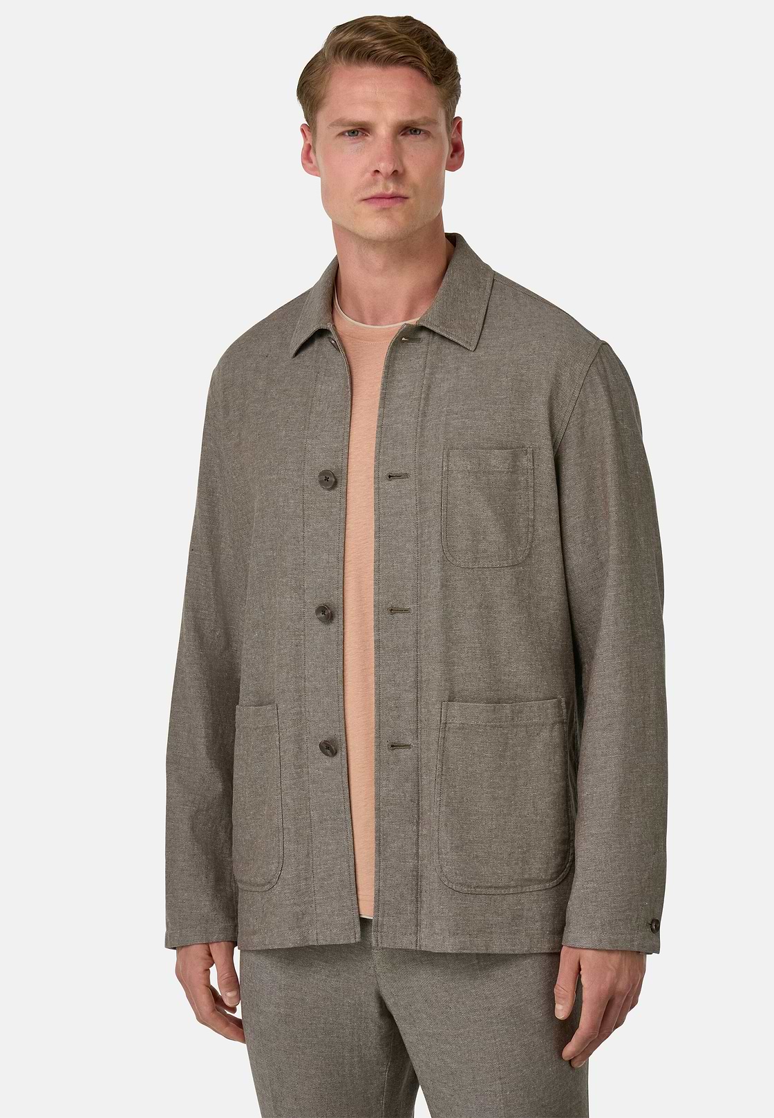 Giacca Camicia Sabbia Diagonale In Lino E Cotone, Taupe, hi-res