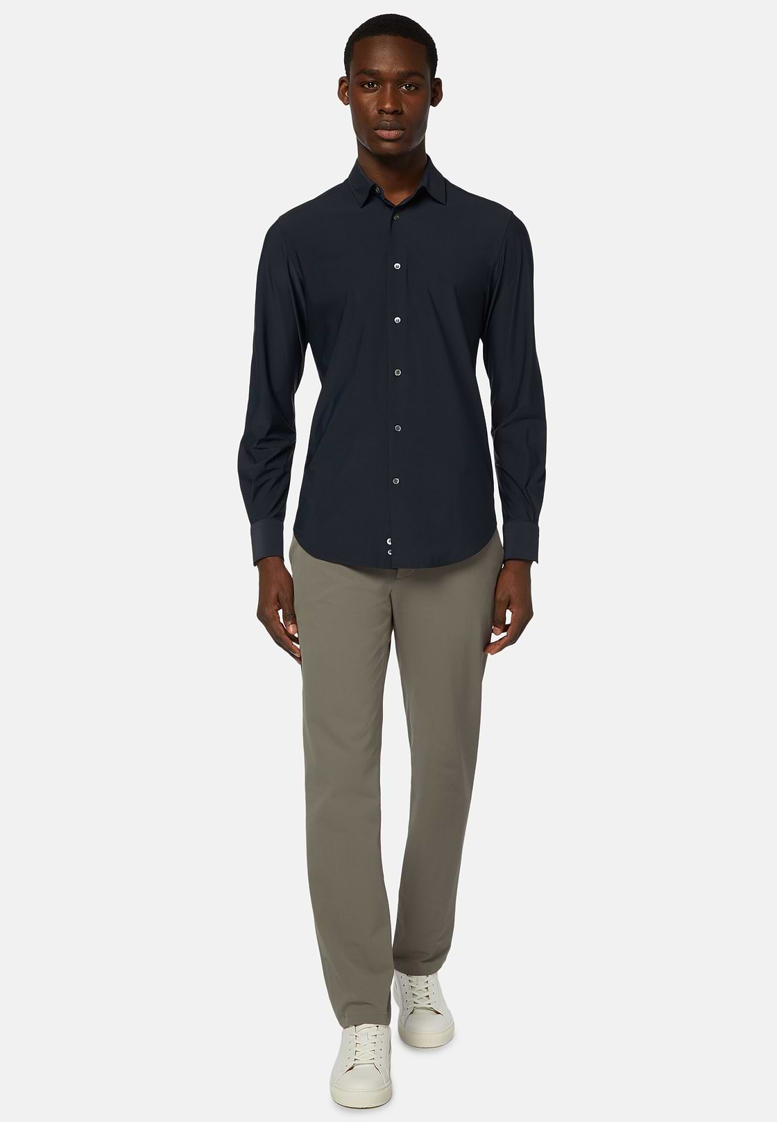 Camicia In Nylon Elasticizzato Slim Fit, Navy, hi-res, 2