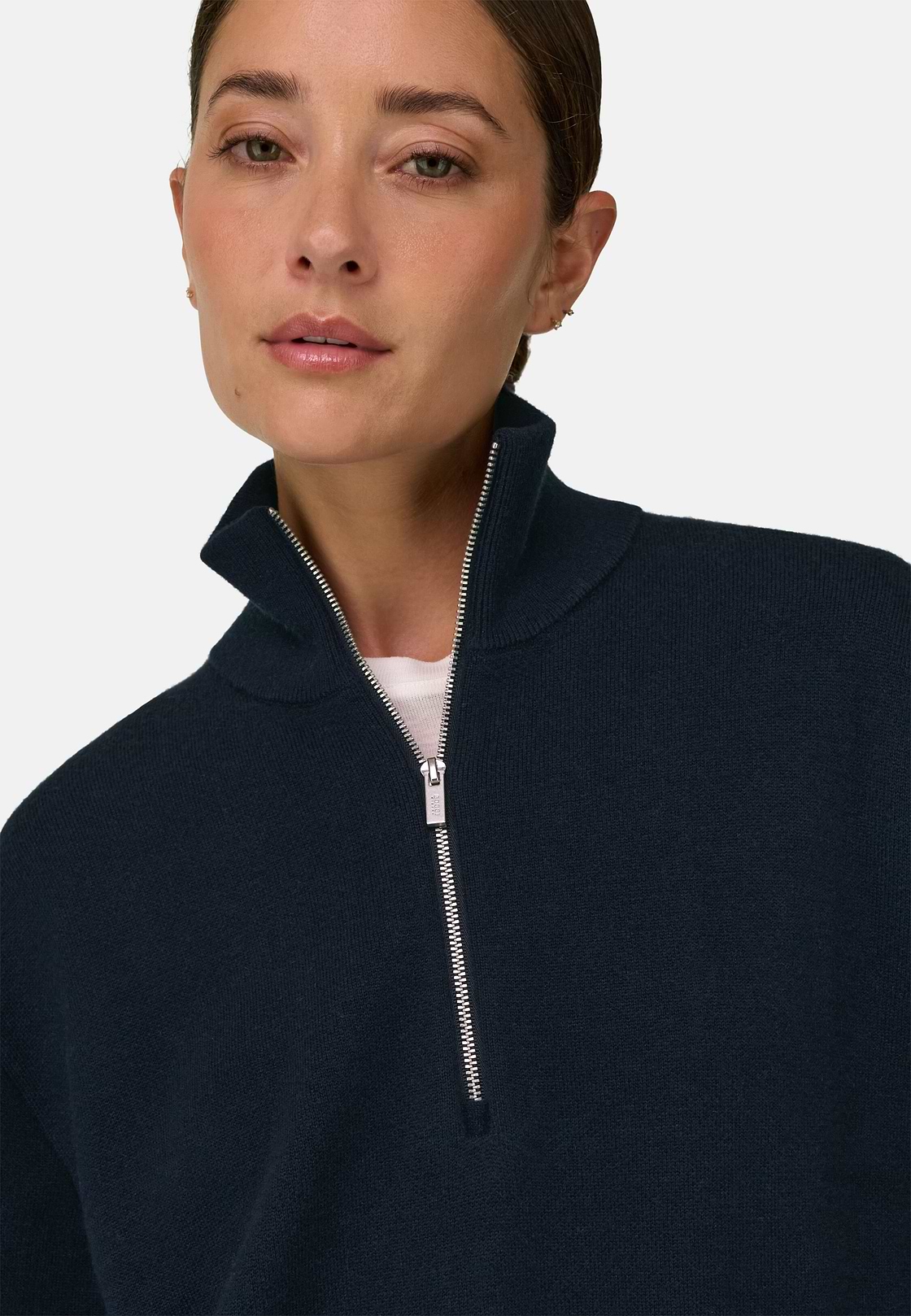Quarter-Zip Jumper in Wool and Cashmere, Navy blue, hi-res, 3