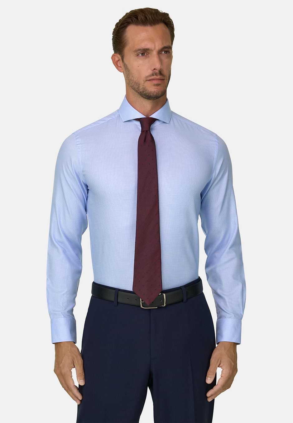 Hemd aus Baumwolle mit Hahnentrittmuster Slim Fit, Hellblau, hi-res
