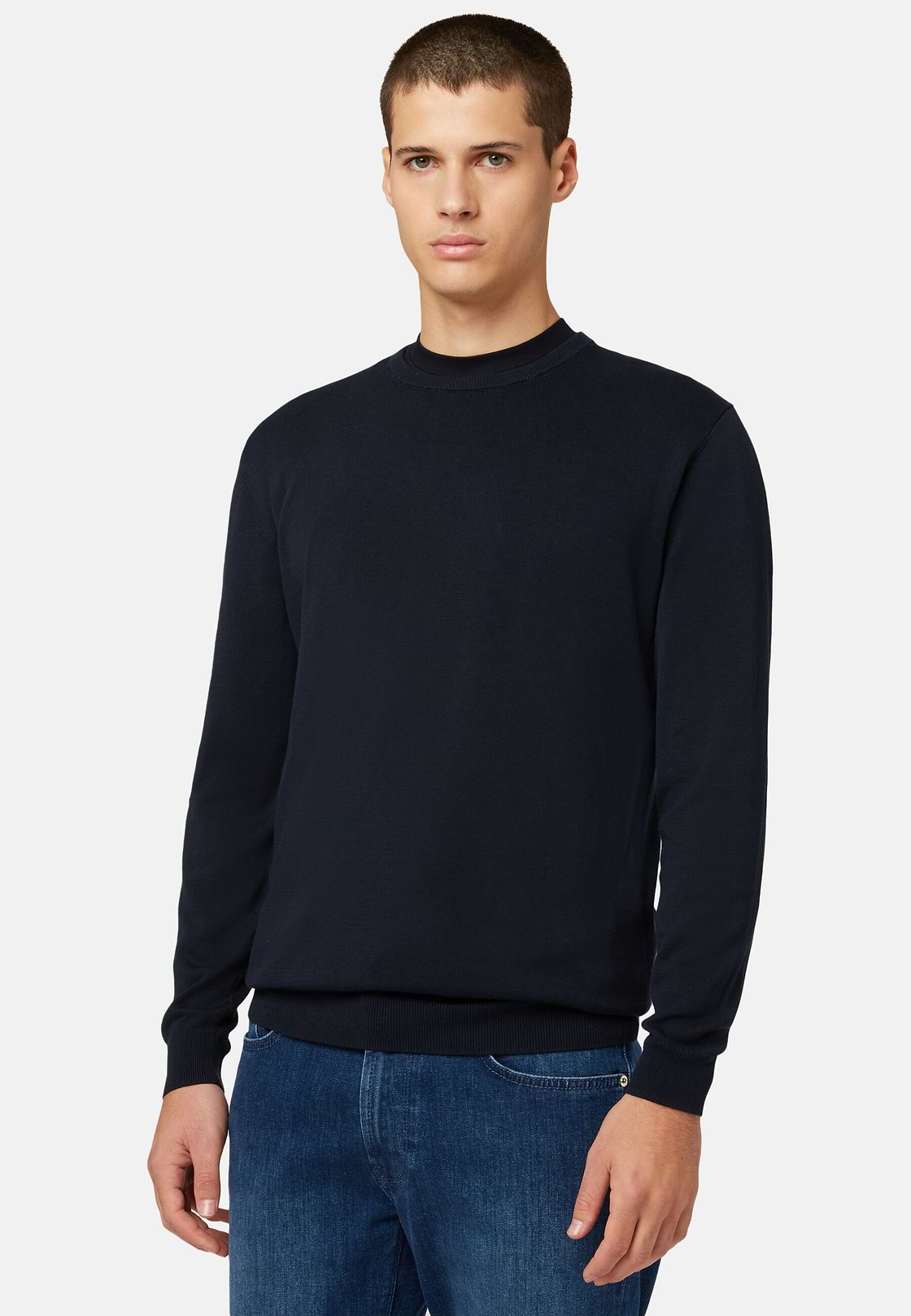 Pull Col Rond Bleu Marine En Coton Pima, bleu marine, hi-res