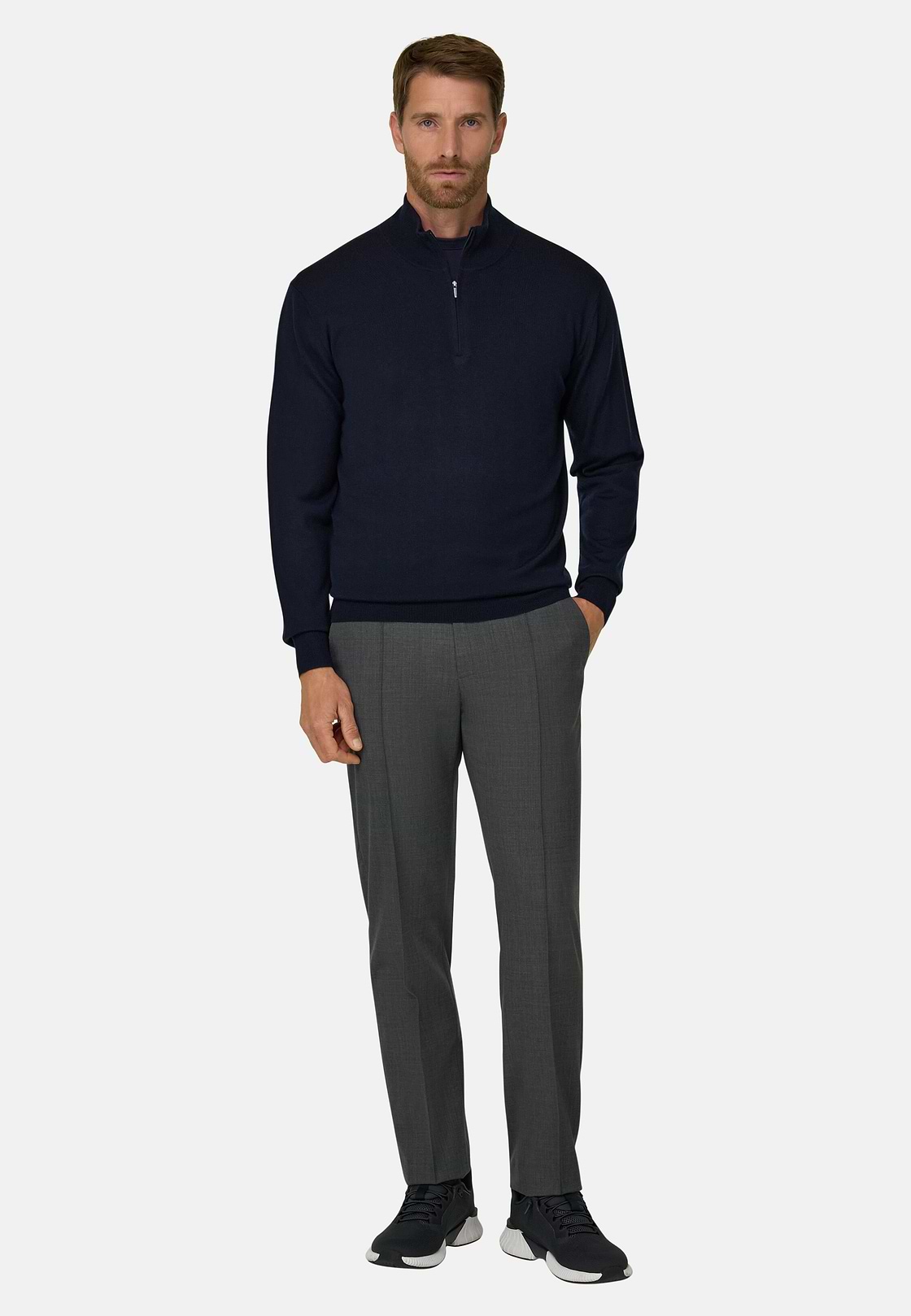 Half-Zip-Pullover aus extrafeiner Merinowolle, Navy blau, hi-res, 2