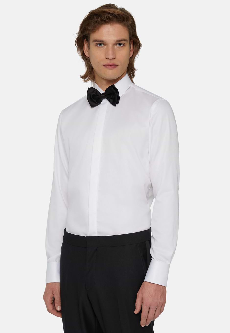 Camisa Slim Fit de Satén de Algodón, Blanco, hi-res