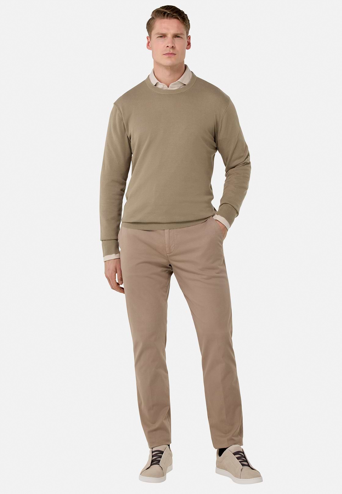 Cotton Crew Neck Jumper, Taupe, hi-res