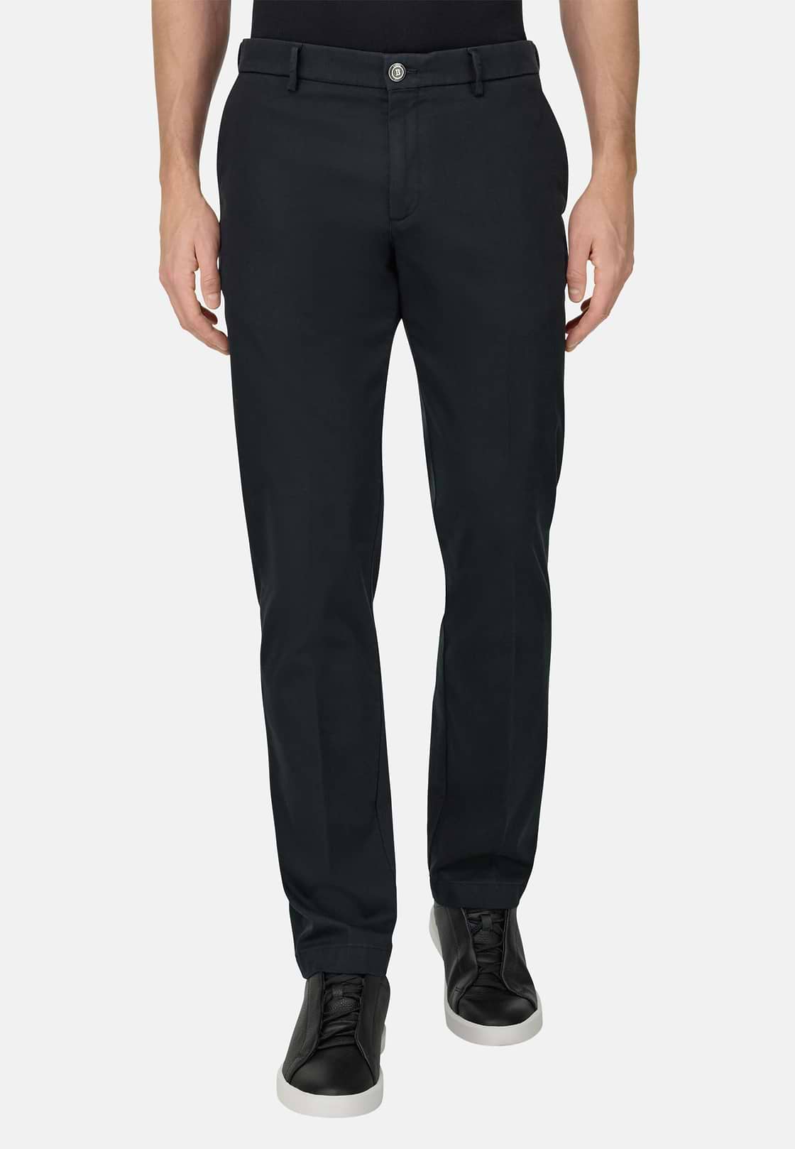 Pantaloni In Cotone Tencel Elasticizzato, Nero, hi-res, 1