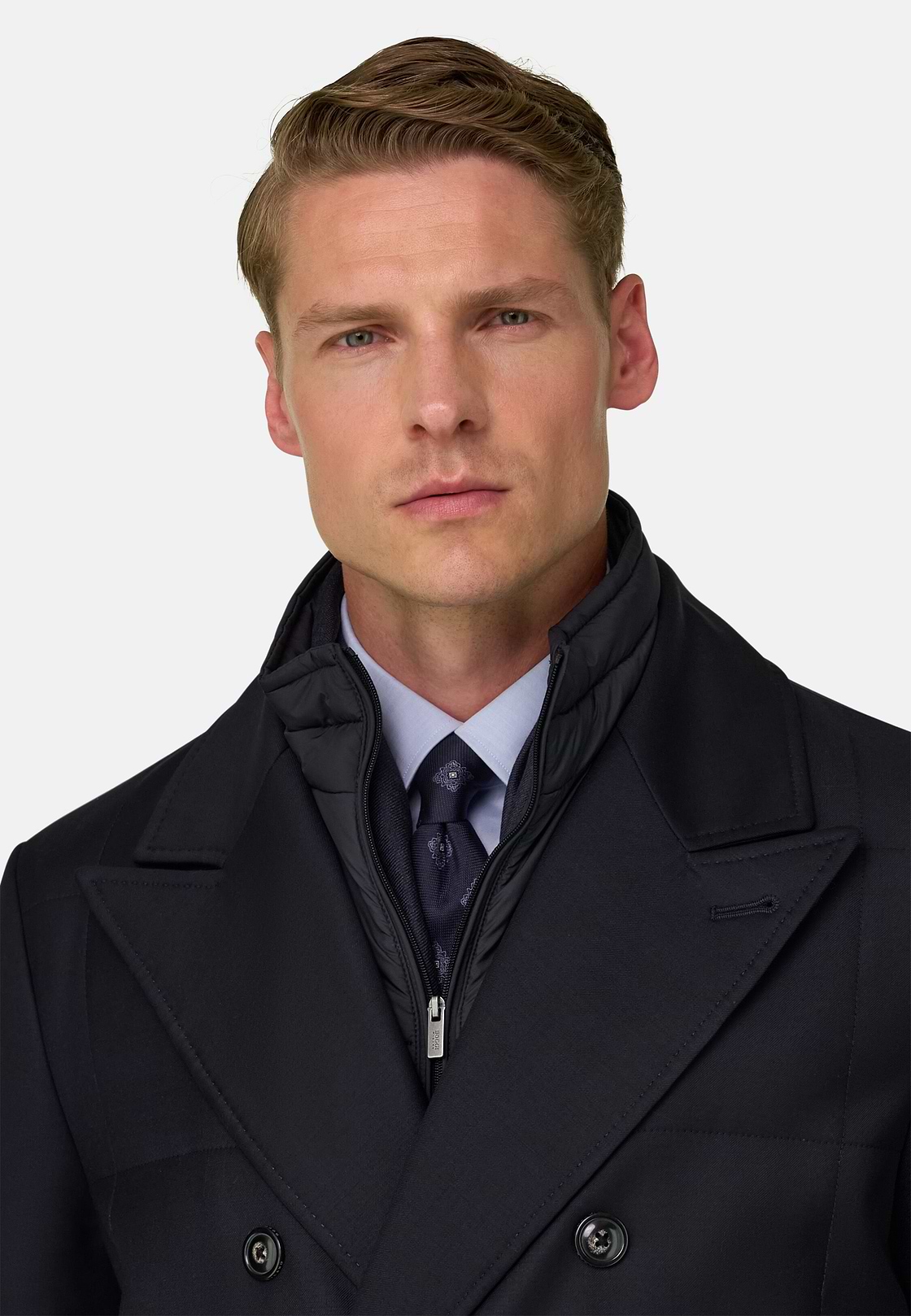 Double-Breasted Padded Coat with Removable Bib in Wool, Navy blue, hi-res, 5