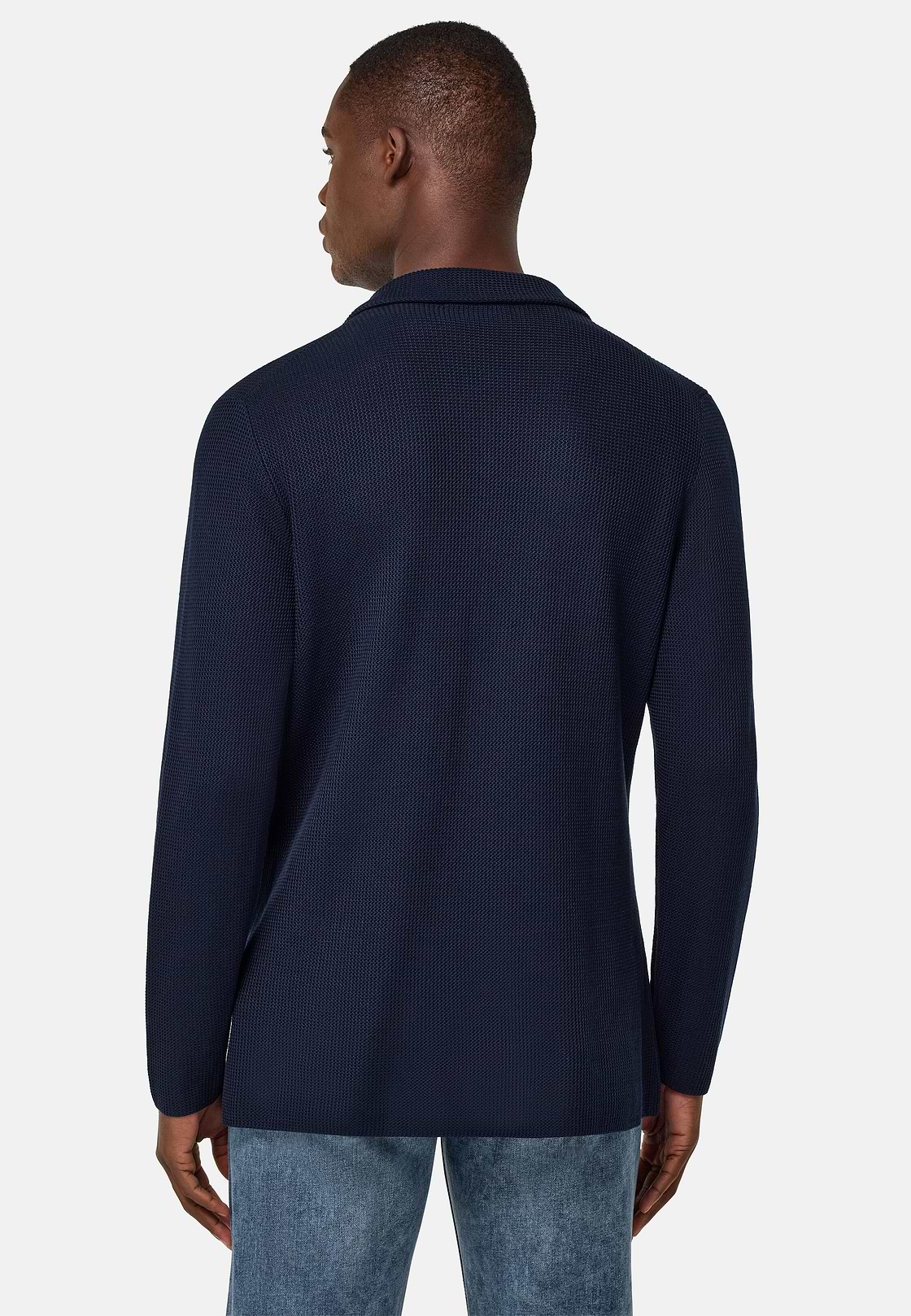 Cotton Crêpe Knitted Single-Breasted Jacket, Navy blue, hi-res